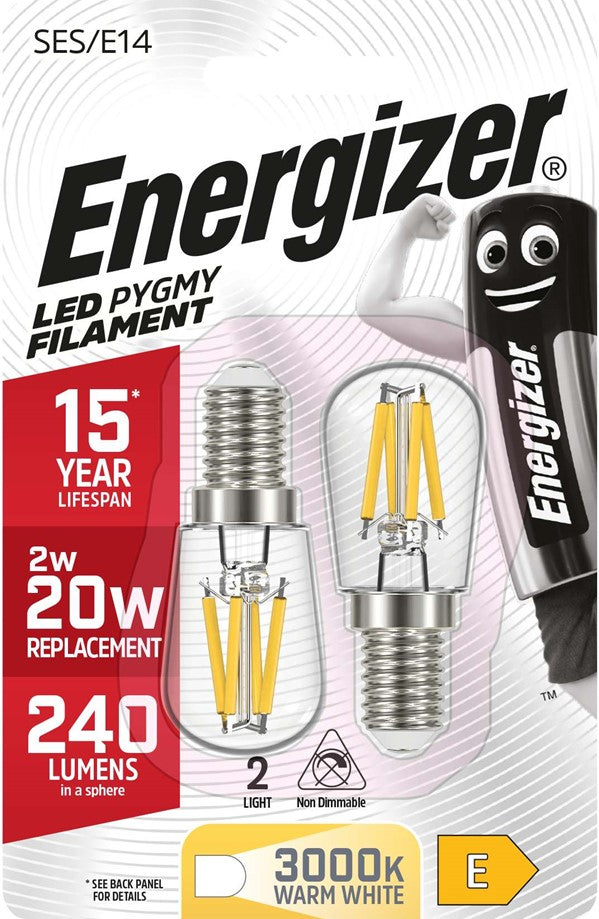Energizer Filament LED Pygmy 240LM 2W E14 (SES) 3000K Warm White - S13562 - Pack 2 - LED Spares